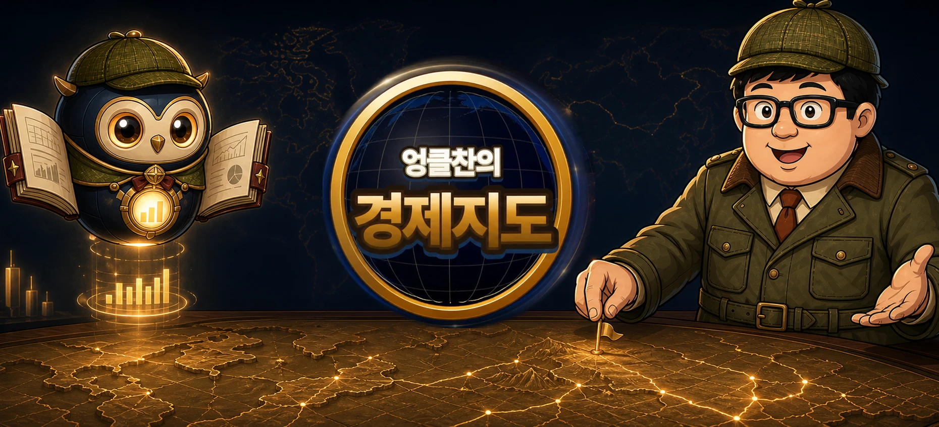세계 경제지도 앞에서 황금 지도에 깃발을 꽂는 탐정 차림의 엉클찬과 부엉이 AI 파트너 루미